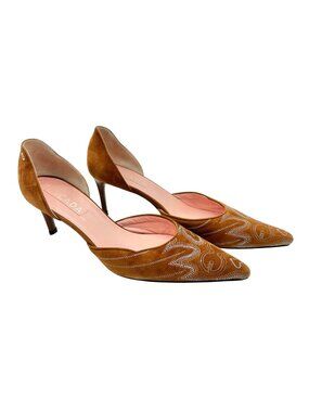 Escada Brown Suede Heels Size 38 Embroidered Details Pointed Toe Stiletto Heel